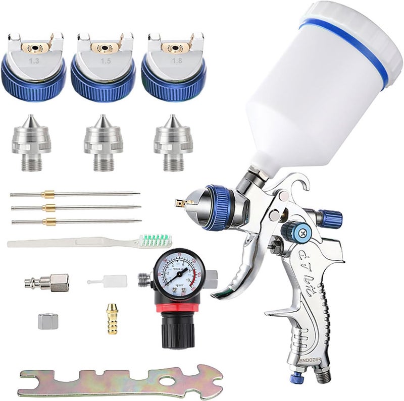 ENDOZER Professional HVLP Spray Gun Set Gravity Feed Air Spray Gun with 1.3, 1.5, 1.8mm Nozzles 20oz 600cc with Gauge for Auto Paint, Primer, Clear/Top Coat & Touch-Up (Not Suitable for Latex Paint) - Image 1
